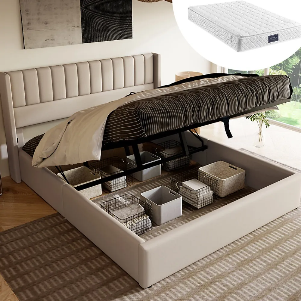 Redom Lit 140x200 cm avec rangement hydraulique et tête de lit rembourrée en lin beige, design moderne et élégant* Lit Avec Rangement