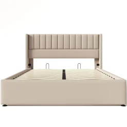 Redom Lit 160x200 cm avec rangement hydraulique, tête de lit rembourrée en lin beige et cadre métal robuste* Lit Avec Rangement