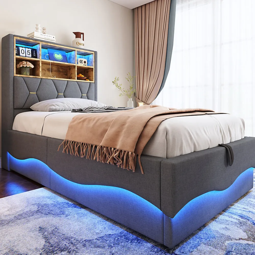 Lit 90x200 cm avec rangement hydraulique et éclairage LED pilotable, tête de lit avec port USB>Redom Clearance