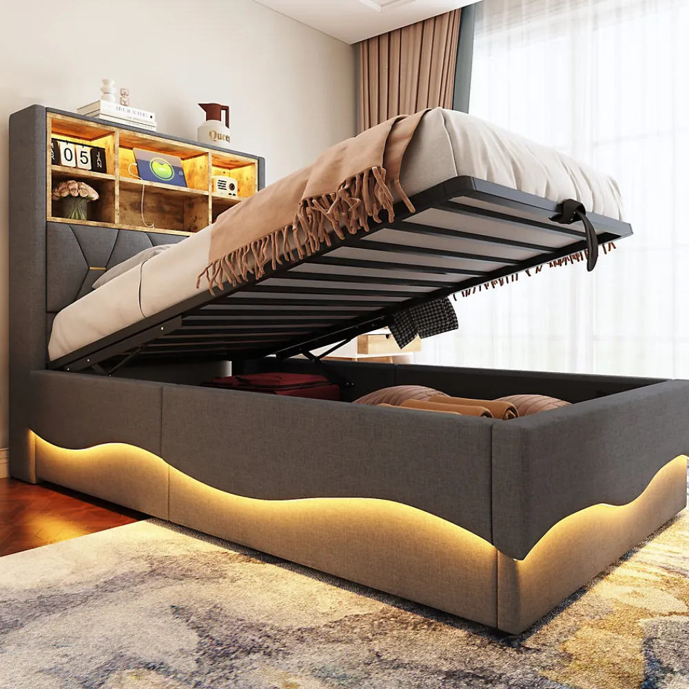 Lit 90x200 cm avec rangement hydraulique et éclairage LED pilotable, tête de lit avec port USB>Redom Clearance