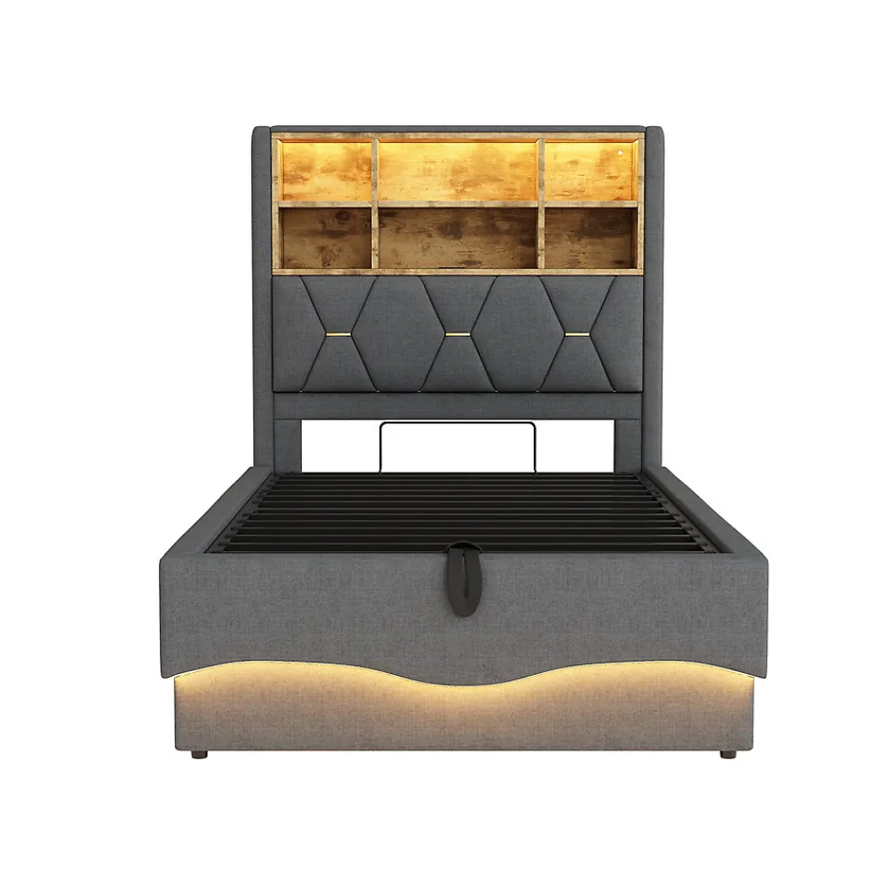 Lit 90x200 cm avec rangement hydraulique et éclairage LED pilotable, tête de lit avec port USB>Redom Clearance
