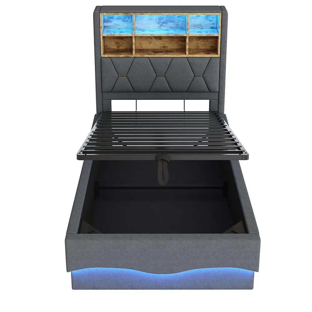 Lit 90x200 cm avec rangement hydraulique et éclairage LED pilotable, tête de lit avec port USB>Redom Clearance