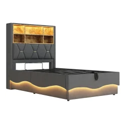 Lit 90x200 cm avec rangement hydraulique et éclairage LED pilotable, tête de lit avec port USB><noscript><img width=