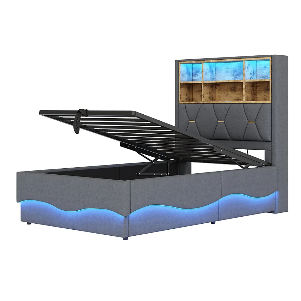 Lit 90x200 cm avec rangement hydraulique et éclairage LED pilotable, tête de lit avec port USB>Redom Clearance
