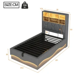 Lit 90x200 cm avec rangement hydraulique et éclairage LED pilotable, tête de lit avec port USB><noscript><img width=