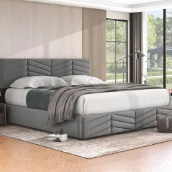 Redom Lit 160x200 cm avec rangement hydraulique, tête de lit réglable et revêtement velours gris élégant* Lit Avec Rangement
