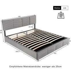 Redom Lit 160x200 cm avec rangement hydraulique, tête de lit réglable et revêtement velours gris élégant* Lit Avec Rangement
