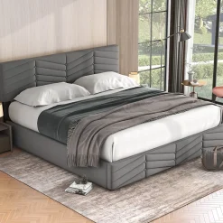 Redom Lit 160x200 cm avec rangement hydraulique, tête de lit réglable et revêtement velours gris élégant* Lit Avec Rangement