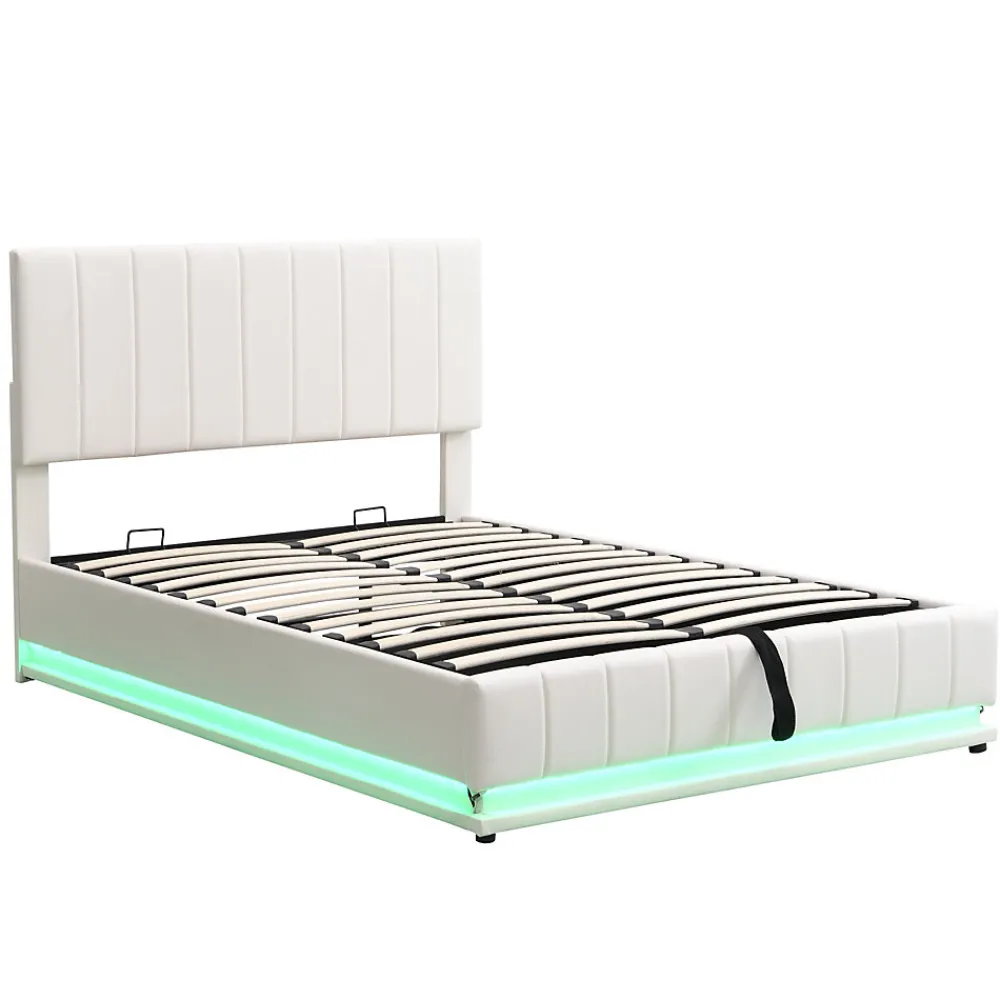 Lit 140x200 cm avec rangement hydraulique et éclairage LED, tapissé similicuir blanc, tête de lit réglable>Redom Outlet