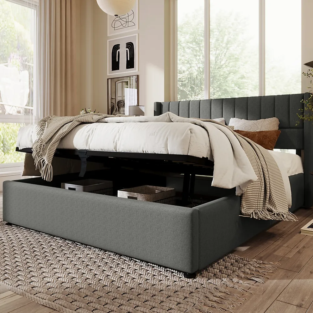 Lit 140x200 cm avec rangement hydraulique, tête de lit rembourrée en lin gris et cadre bois-métal élégant>Redom Sale