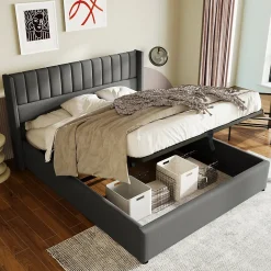 Lit 140x200 cm avec rangement hydraulique, tête de lit rembourrée en lin gris et cadre bois-métal élégant><noscript><img width=
