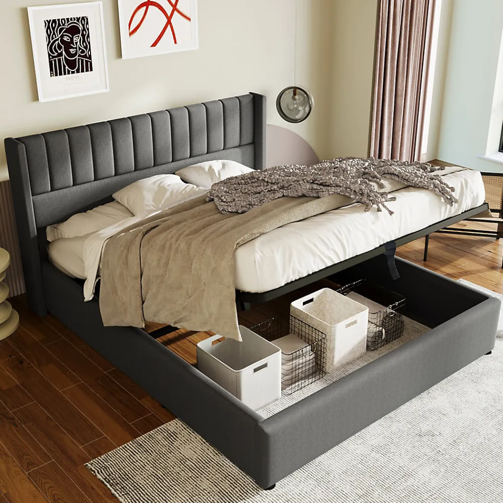 Lit 140x200 cm avec rangement hydraulique, tête de lit rembourrée en lin gris et cadre bois-métal élégant>Redom Sale