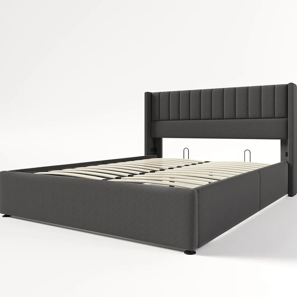 Lit 140x200 cm avec rangement hydraulique, tête de lit rembourrée en lin gris et cadre bois-métal élégant>Redom Sale