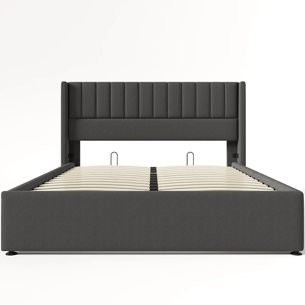 Lit 140x200 cm avec rangement hydraulique, tête de lit rembourrée en lin gris et cadre bois-métal élégant>Redom Sale