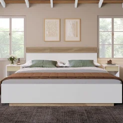Lit 180x200 cm avec rangement intégré et tête de lit décor chêne Sonoma, design flottant moderne><noscript><img width=
