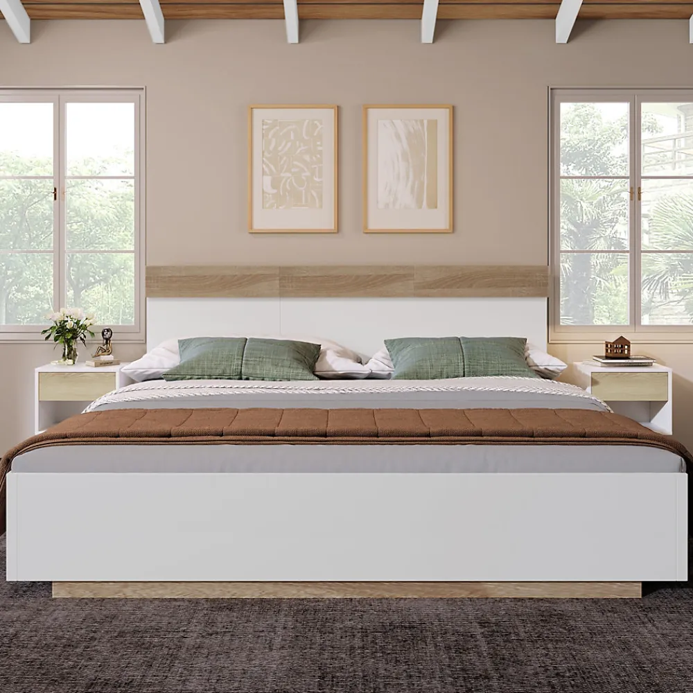 Lit 180x200 cm avec rangement intégré et tête de lit décor chêne Sonoma, design flottant moderne>Redom Discount