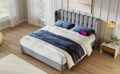 Lit 180x200 cm avec rangement integre et tete de lit tapissee en lin gris, station de charge USB et Type C><noscript><img width=