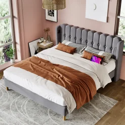Lit 180x200 cm avec rangement integre et tete de lit tapissee en lin gris, station de charge USB et Type C><noscript><img width=