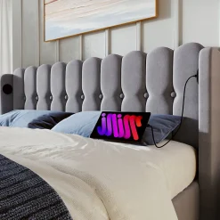 Lit 180x200 cm avec rangement integre et tete de lit tapissee en lin gris, station de charge USB et Type C><noscript><img width=