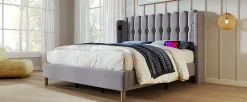 Lit 180x200 cm avec rangement integre et tete de lit tapissee en lin gris, station de charge USB et Type C><noscript><img width=