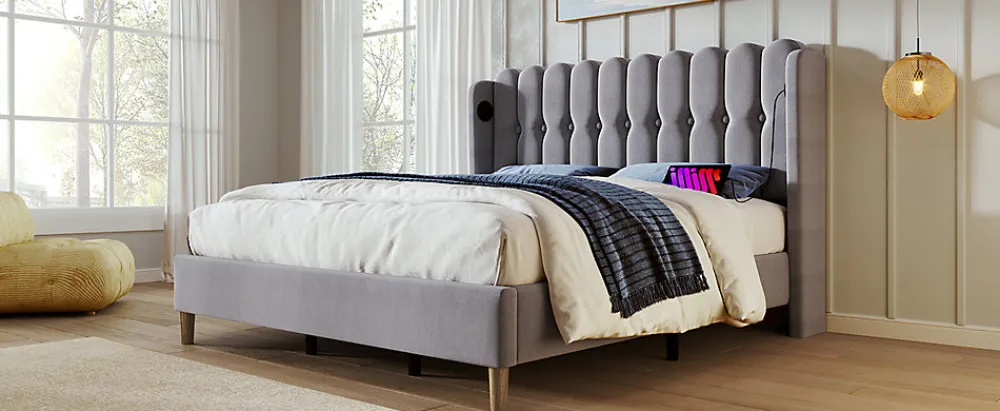 Lit 180x200 cm avec rangement integre et tete de lit tapissee en lin gris, station de charge USB et Type C>Redom Online