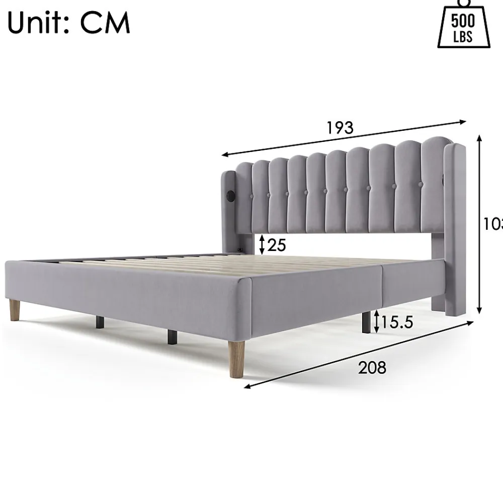 Lit 180x200 cm avec rangement integre et tete de lit tapissee en lin gris, station de charge USB et Type C>Redom Online