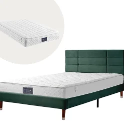 Lit 140x200 cm avec rangement sous-lit et tête de lit capitonnée en velours vert, cadre bois massif><noscript><img width=