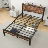 Redom Lit 140x200 cm avec rangement sous-lit 27 cm, cadre métal et MDF, coloris brun antique, silencieux* Ensemble Sommier Et Matelas