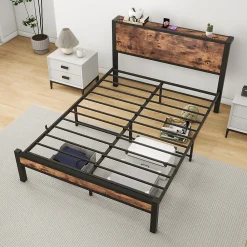 Redom Lit 140x200 cm avec rangement sous-lit 27 cm, cadre métal et MDF, coloris brun antique, silencieux* Ensemble Sommier Et Matelas