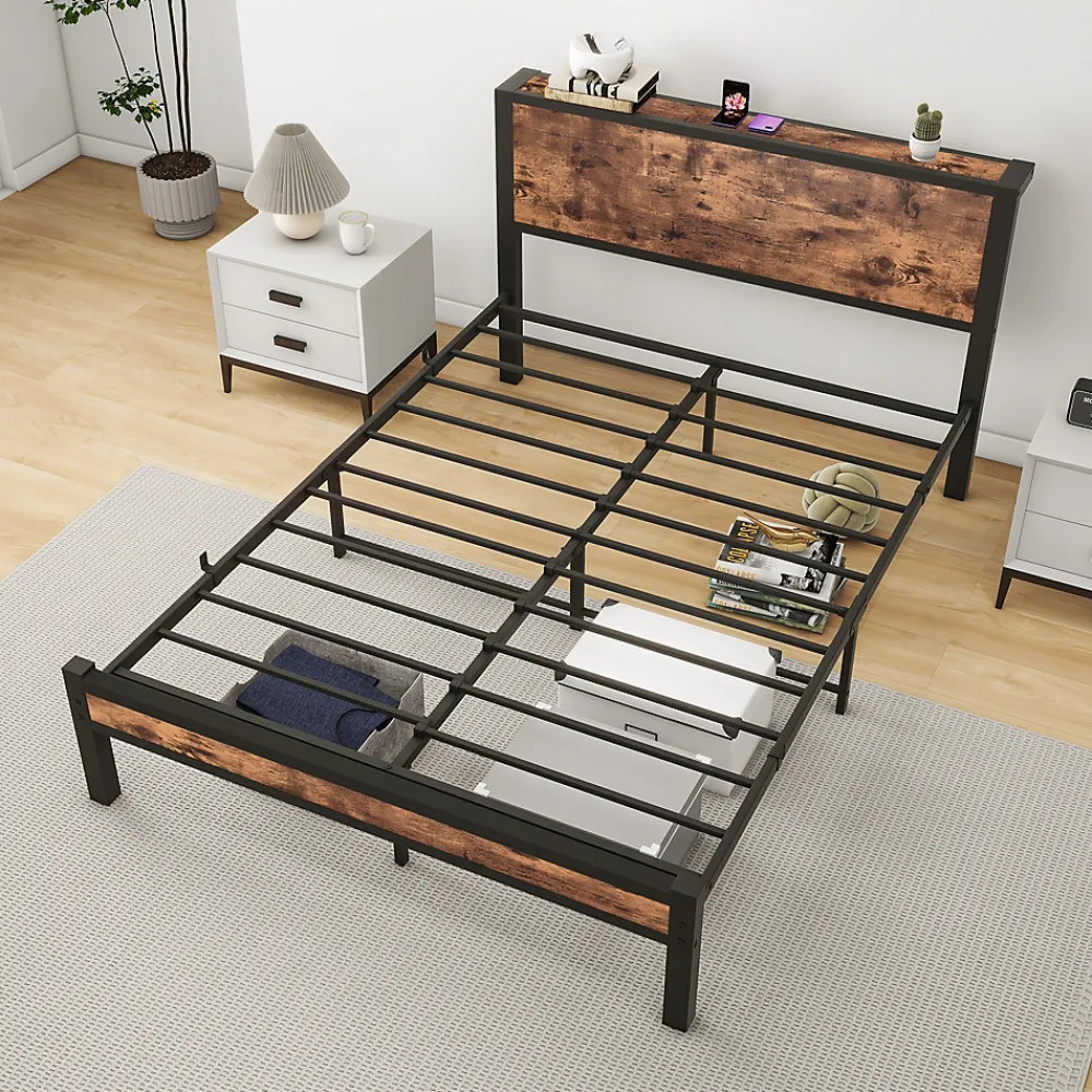 Redom Lit 140x200 cm avec rangement sous-lit 27 cm, cadre métal et MDF, coloris brun antique, silencieux* Ensemble Sommier Et Matelas