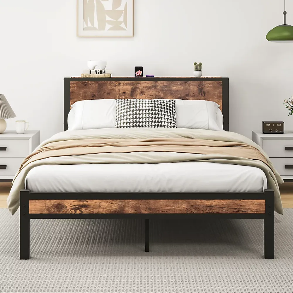 Redom Lit 140x200 cm avec rangement sous-lit 27 cm, cadre métal et MDF, coloris brun antique, silencieux* Ensemble Sommier Et Matelas