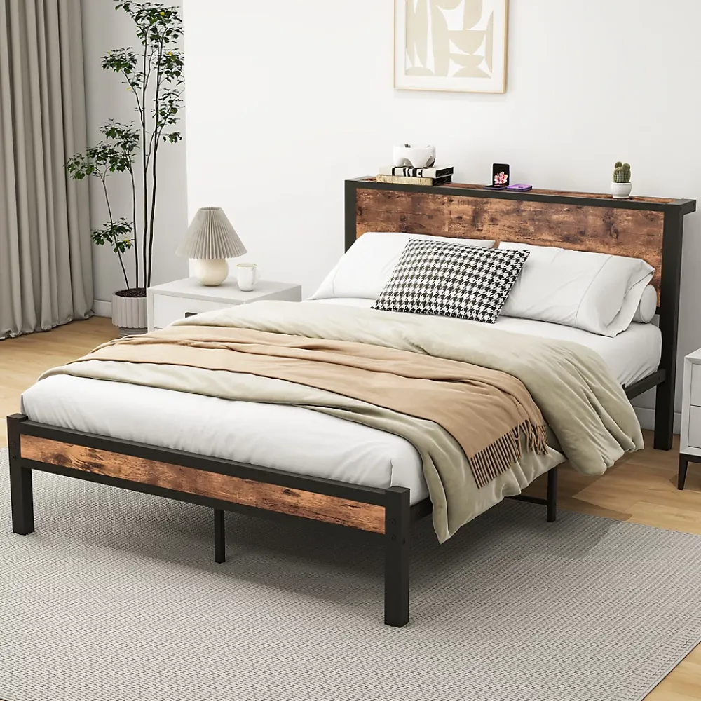 Redom Lit 140x200 cm avec rangement sous-lit 27 cm, cadre métal et MDF, coloris brun antique, silencieux* Ensemble Sommier Et Matelas