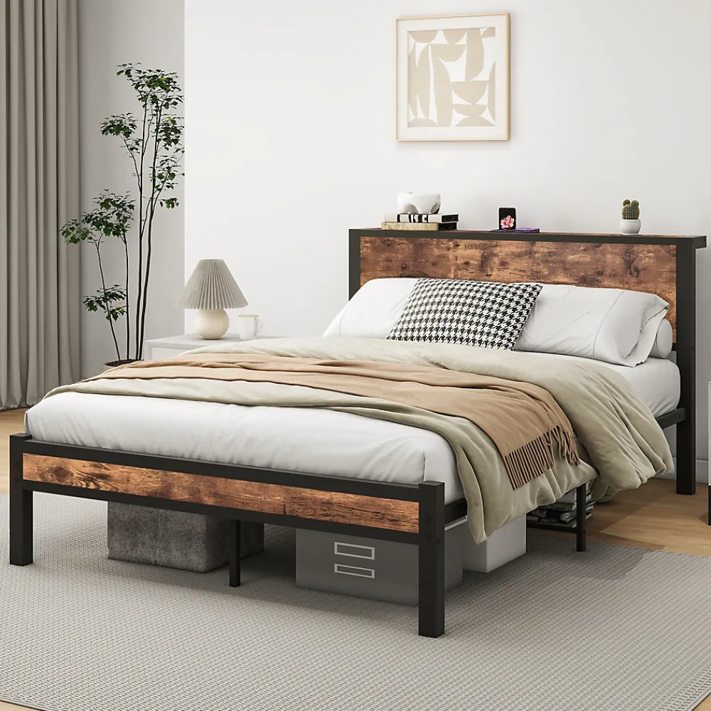 Redom Lit 140x200 cm avec rangement sous-lit 27 cm, cadre métal et MDF, coloris brun antique, silencieux* Ensemble Sommier Et Matelas