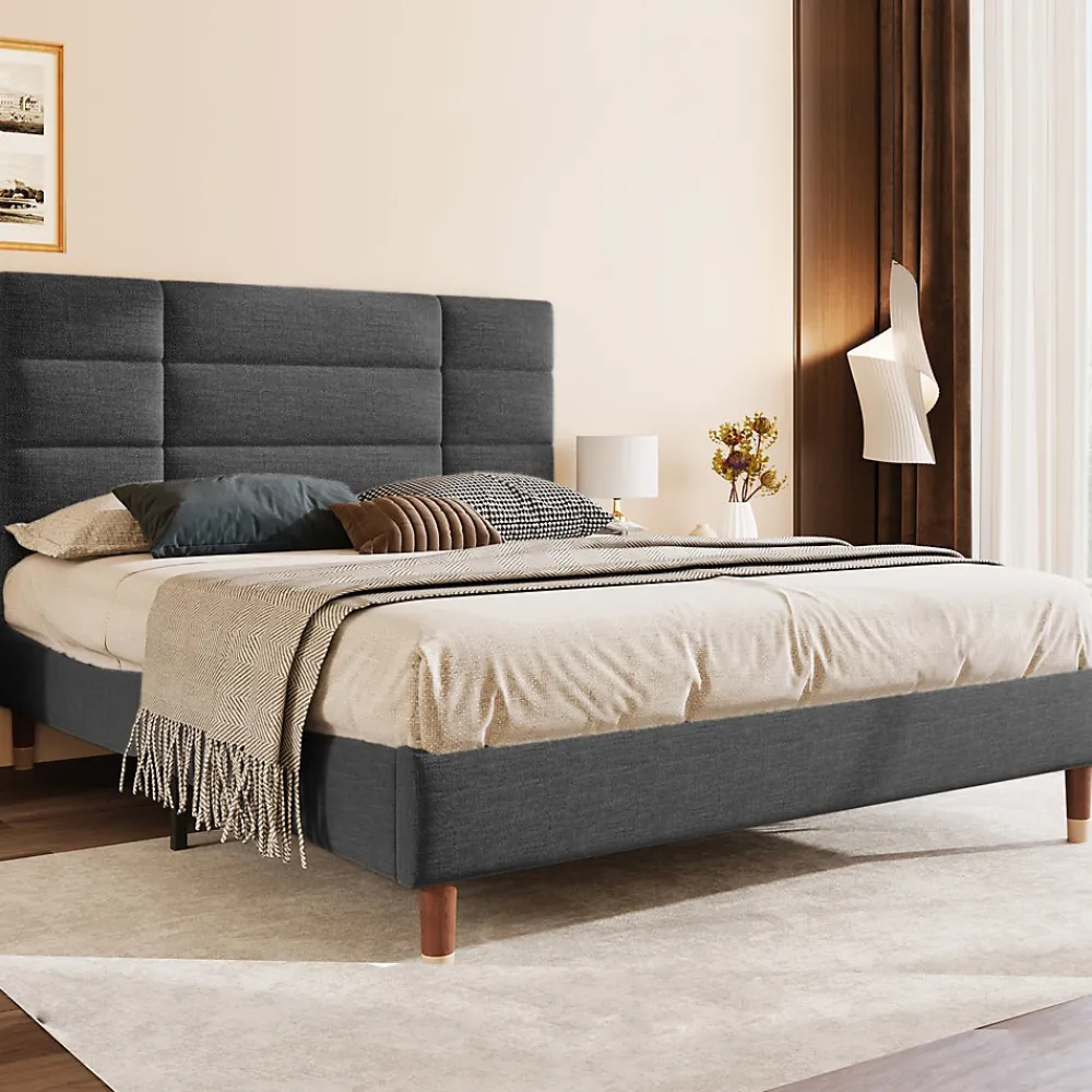 Lit 140x200 cm avec rangement sous-lit et tête de lit rembourrée en lin gris, cadre bois massif>Redom New