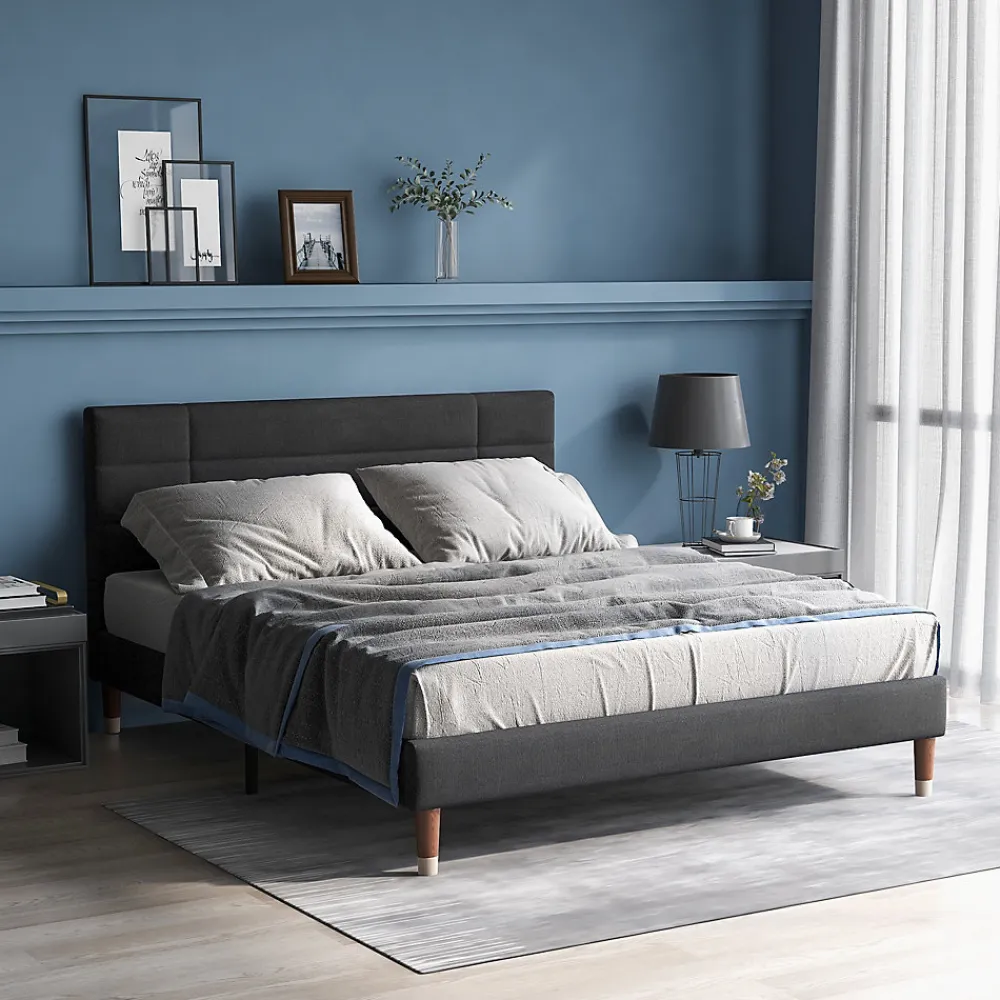Lit 140x200 cm avec rangement sous-lit et tête de lit rembourrée en lin gris, cadre bois massif>Redom New