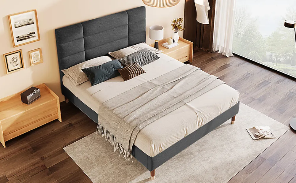 Lit 140x200 cm avec rangement sous-lit et tête de lit rembourrée en lin gris, cadre bois massif>Redom New