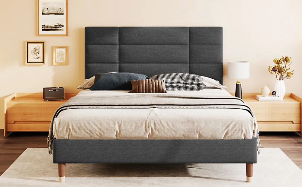 Lit 140x200 cm avec rangement sous-lit et tête de lit rembourrée en lin gris, cadre bois massif>Redom New