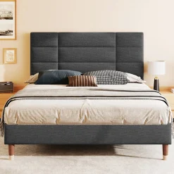 Lit 140x200 cm avec rangement sous-lit et tête de lit rembourrée en lin gris, cadre bois massif><noscript><img width=