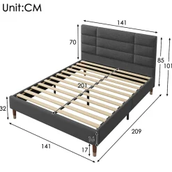 Lit 140x200 cm avec rangement sous-lit et tête de lit rembourrée en lin gris, cadre bois massif><noscript><img width=