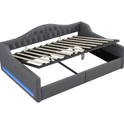 Redom Lit 140x200 cm avec rangement sous le cadre et éclairage LED, tapissé lin gris, cadre bois robuste* Lit Avec Rangement