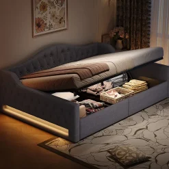 Redom Lit 140x200 cm avec rangement sous le cadre et éclairage LED, tapissé lin gris, cadre bois robuste* Lit Avec Rangement