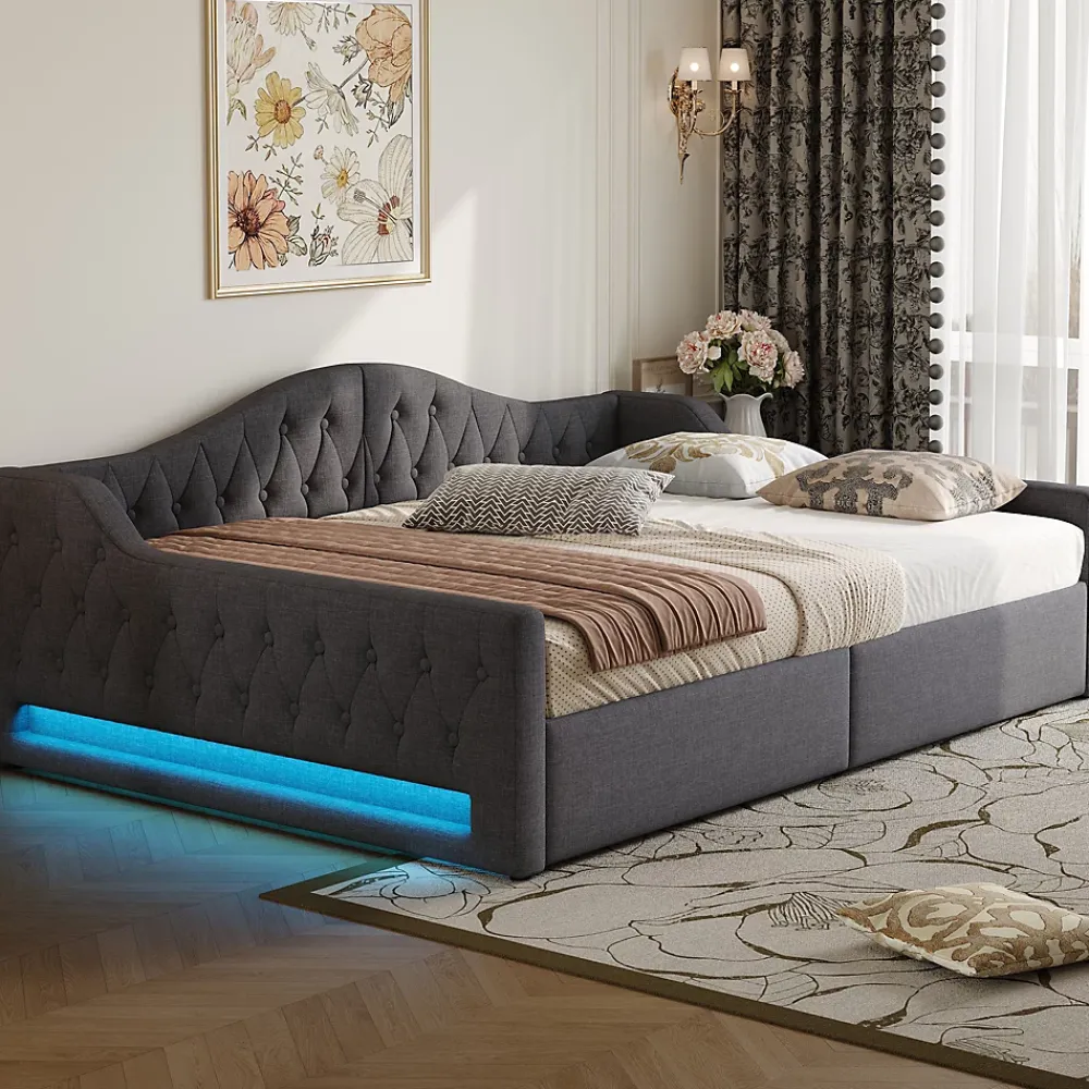Redom Lit 140x200 cm avec rangement sous le cadre et éclairage LED, tapissé lin gris, cadre bois robuste* Lit Avec Rangement