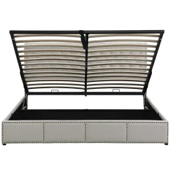 Redom Lit 140x190 cm avec rangement (sommier inclus) et tête de lit rembourrée en lin gris minimaliste européen* Lit Avec Rangement