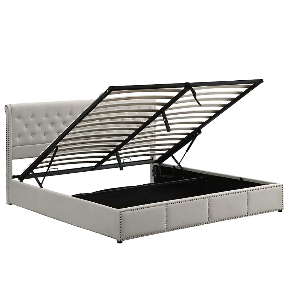 Redom Lit 140x190 cm avec rangement (sommier inclus) et tête de lit rembourrée en lin gris minimaliste européen* Lit Avec Rangement
