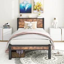 Redom Lit 90x200 cm avec rangement sous cadre et tête de lit en MDF, structure métal brun antique* Ensemble Sommier Et Matelas