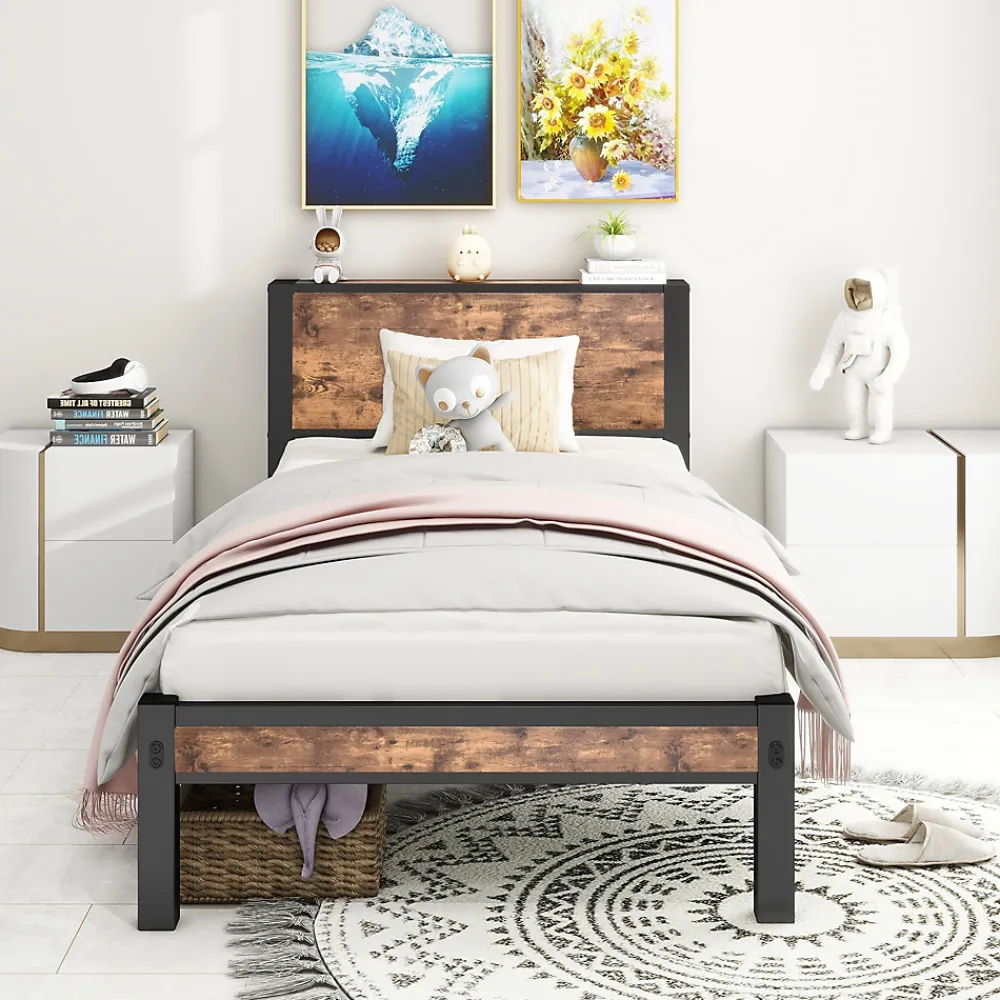 Redom Lit 90x200 cm avec rangement sous cadre et tête de lit en MDF, structure métal brun antique* Ensemble Sommier Et Matelas