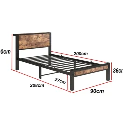 Redom Lit 90x200 cm avec rangement sous cadre et tête de lit en MDF, structure métal brun antique* Ensemble Sommier Et Matelas