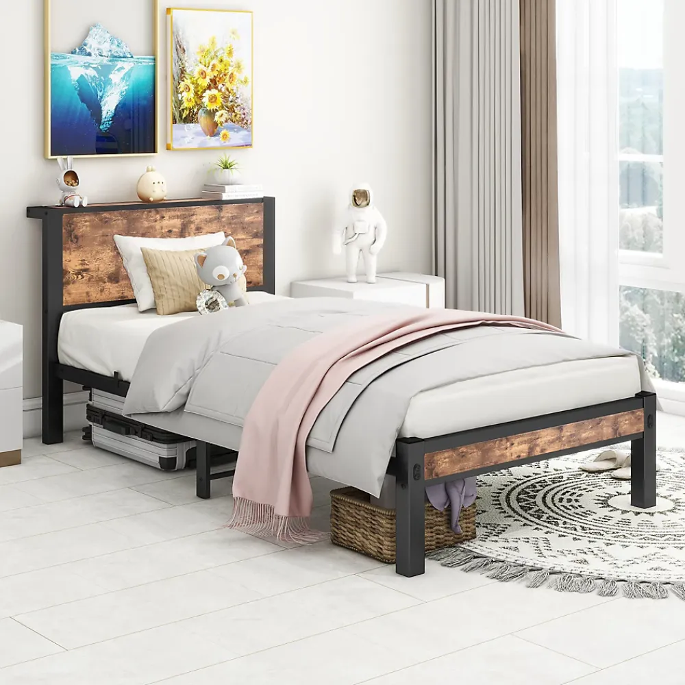 Redom Lit 90x200 cm avec rangement sous cadre et tête de lit en MDF, structure métal brun antique* Ensemble Sommier Et Matelas