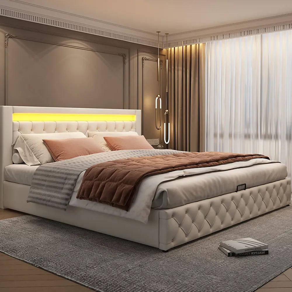 Redom Lit 180x200 cm avec rangement sous sommier et tête de lit rembourrée en PU, design moderne et élégant* Lit Avec Rangement