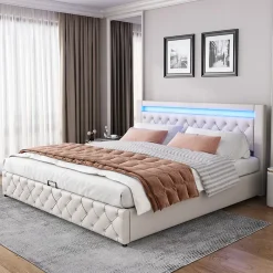 Redom Lit 180x200 cm avec rangement sous sommier et tête de lit rembourrée en PU, design moderne et élégant* Lit Avec Rangement
